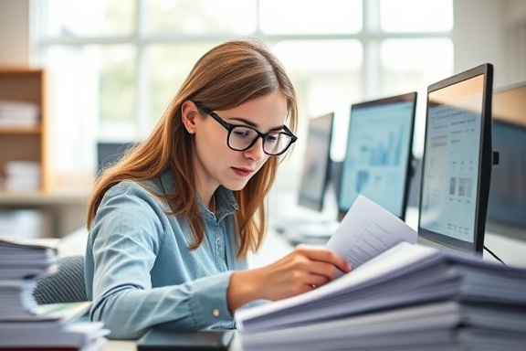 structured research data, inquisitive look, sorting through surveys, photorealistic, in a bright research lab with stacks of paper and computer screens, highly detailed, interactive data visualization elements, shot with a close-up lens, neutral colors, bright daylight through windows