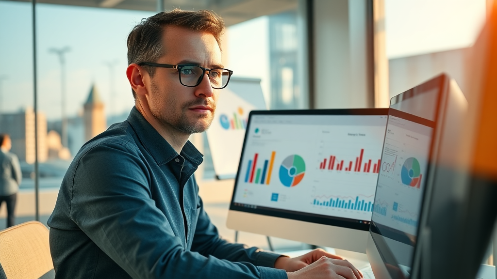 analytical marketer comparing graphs and dashboards for small business online marketing analytics