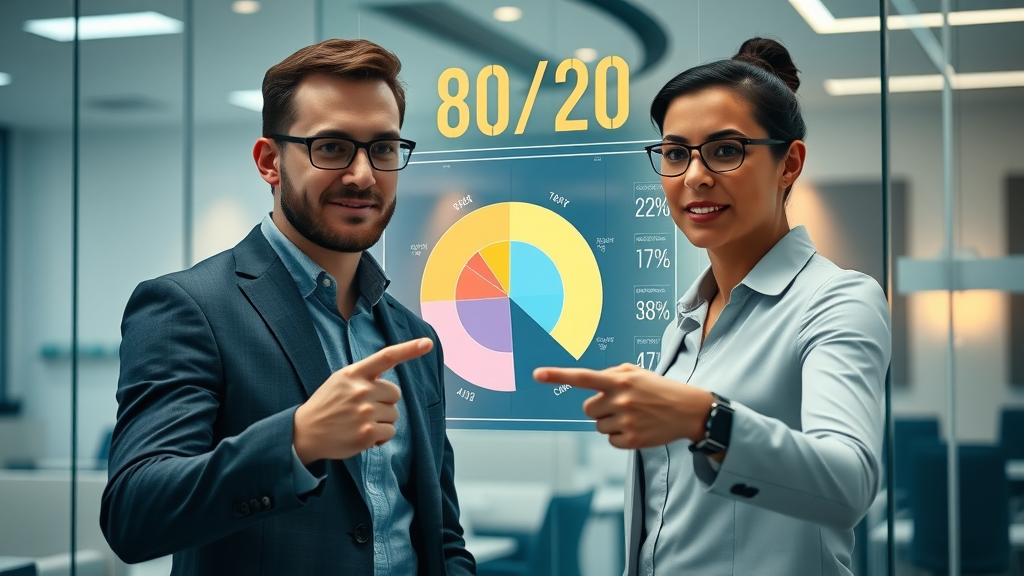 conceptual visualization of the 80/20 principle with a digital pie chart and two London marketers discussing data with focus and clarity, analytic, pointing at graph, Cinematic, abstract office space with transparent glass walls, highly detailed, pie highlights glowing, blue and gold color scheme, soft indoor lighting, shot with a 50mm lens.