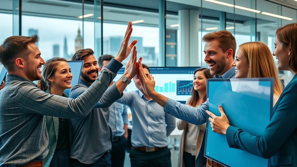London marketing team celebrating successful social media content campaign