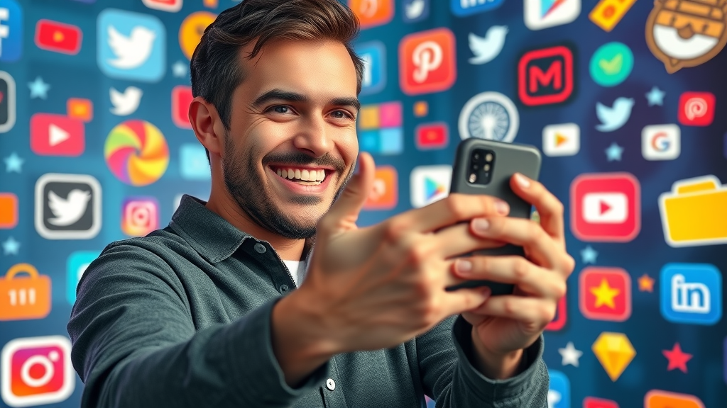 digital marketing trends 2024 - charismatic influencer recording short video, surrounded by new platform logos and digital networks