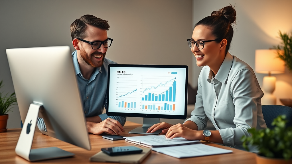 engaged small business owners analyzing sales growth charts and website optimization results london ontario