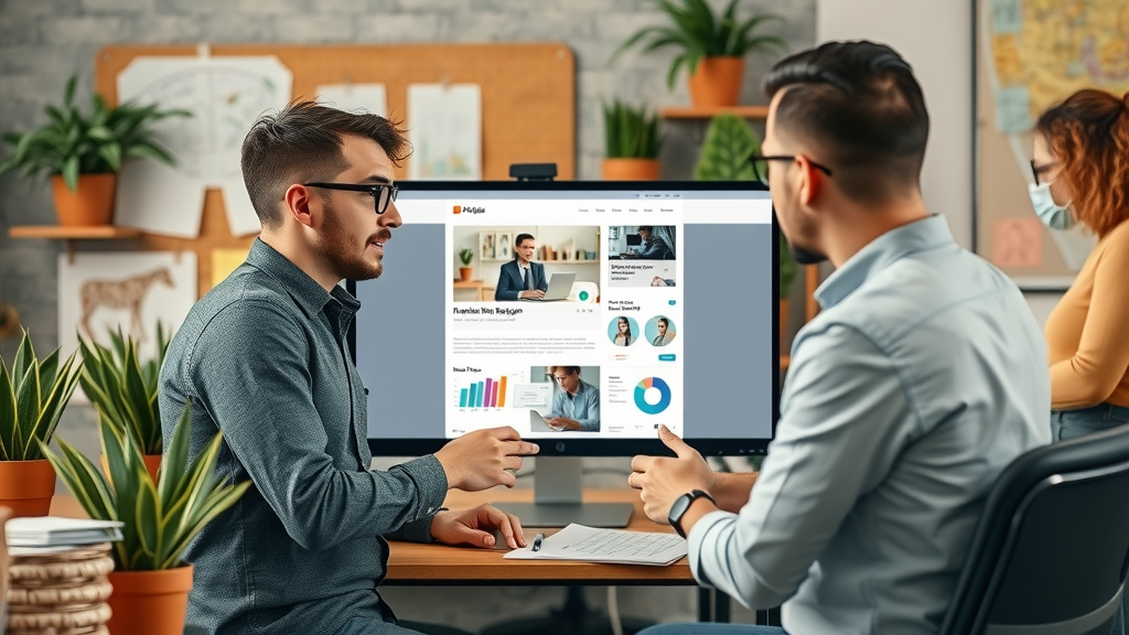 web design and seo london ontario creative team collaborating on website mockup seo integration vibrant studio background