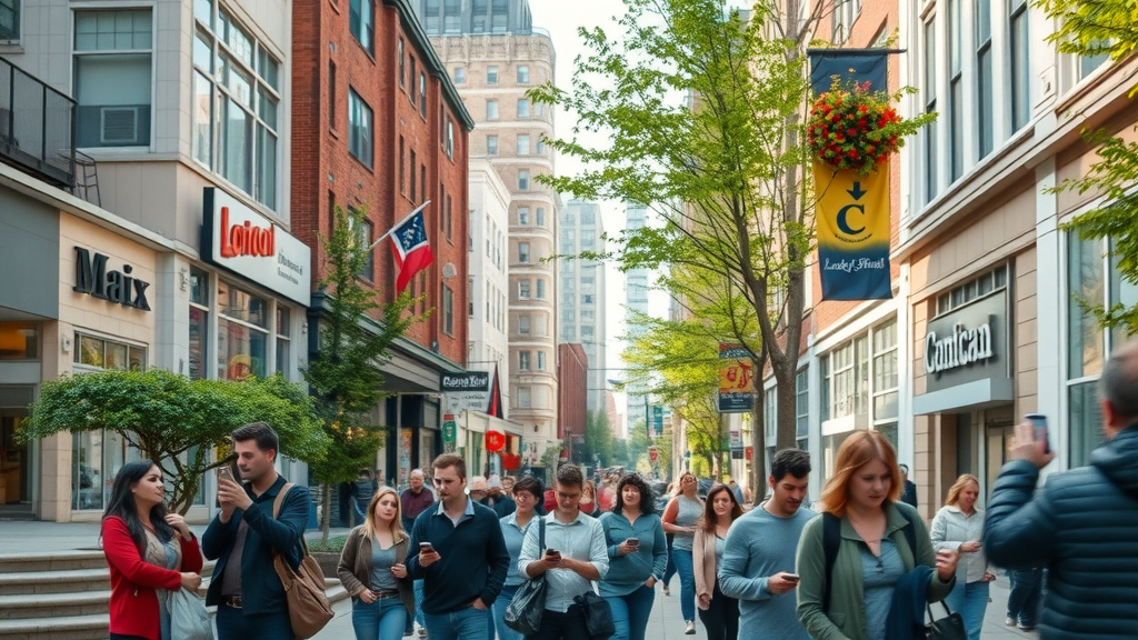 Downtown London Ontario cityscape featuring vibrant local business storefronts and pedestrians engaging with smartphones - local content marketing London Ontario