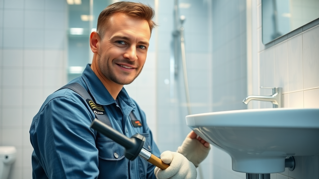Professional plumber providing plumbing services repairing leak in modern clean bathroom