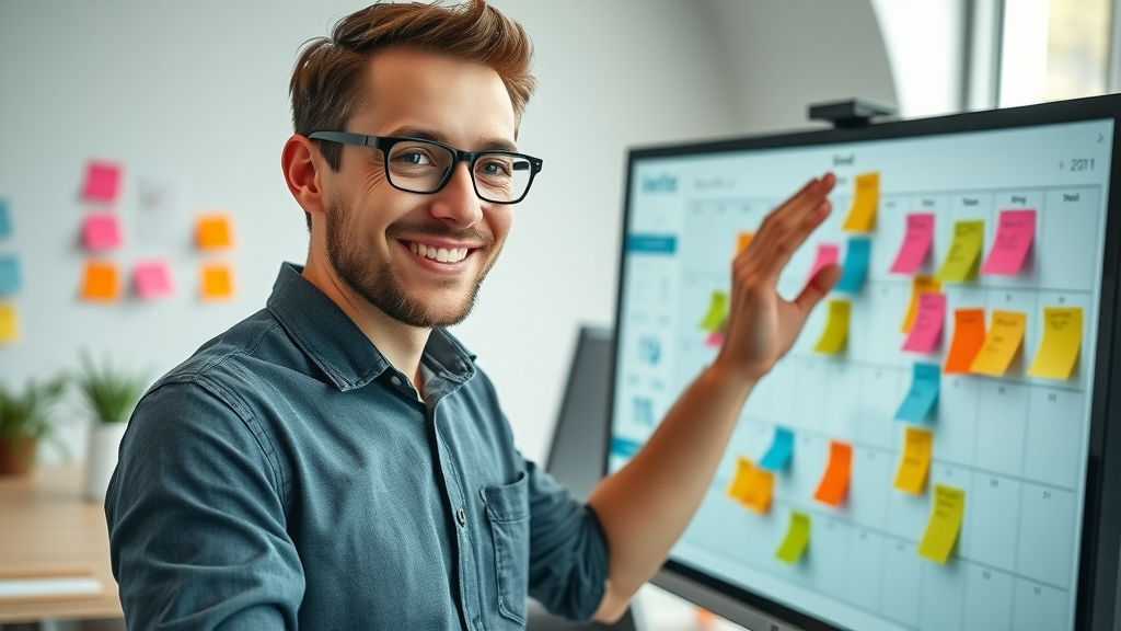 small business owner planning a content calendar with digital sticky notes and calendar interface