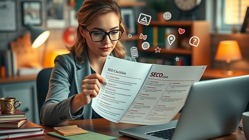 Marketing coordinator highlighting an SEO optimization checklist, symbolizing step-by-step local SEO strategy.