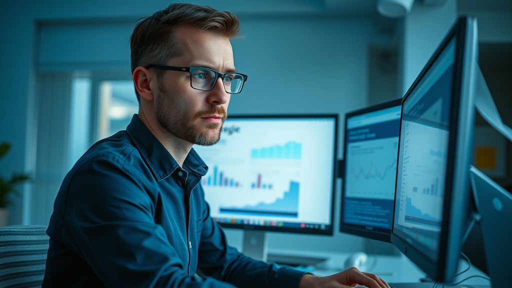 search engine and keyword research tools for small businesses - focused marketer analyzing keyword rankings and graphs in a minimal office, blue tones