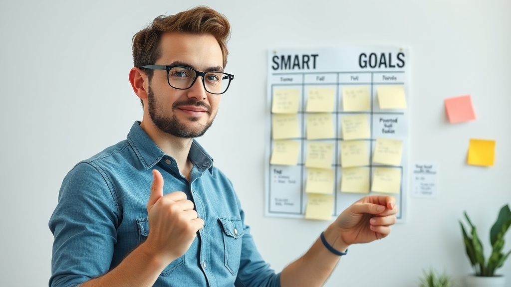 Motivated entrepreneur mapping SMART goals for content marketing strategy, small business