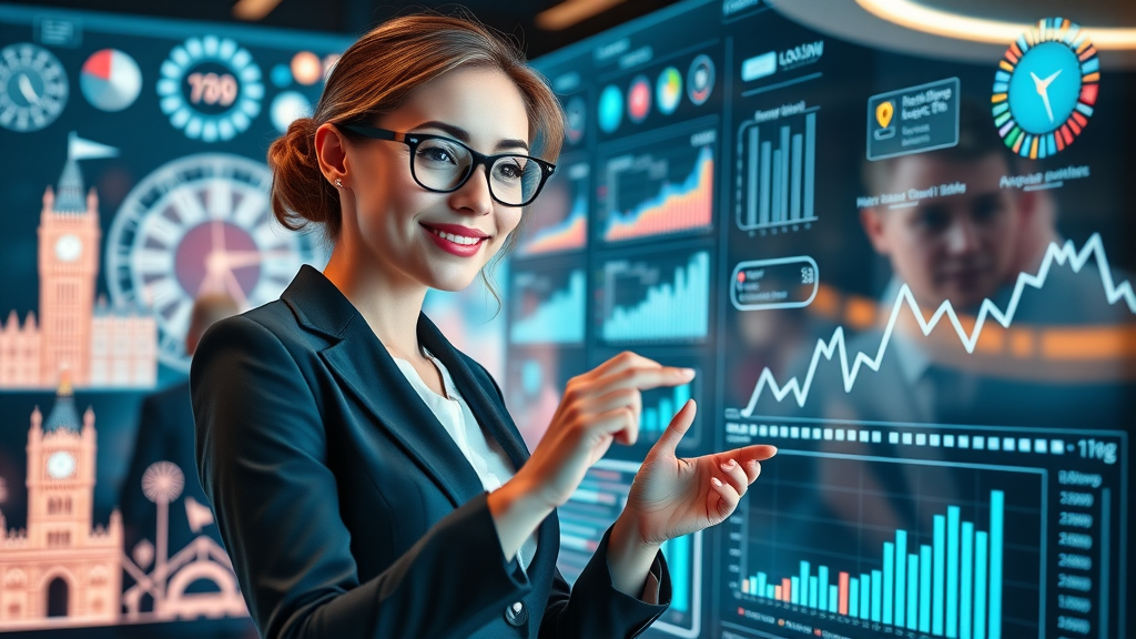 social media management london analytics dashboard, businesswoman reviewing social platform trends in futuristic office