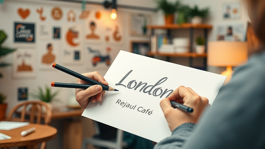 brand identity design, logo design for a London café, cozy studio with branding assets, innovative designer sketching logo