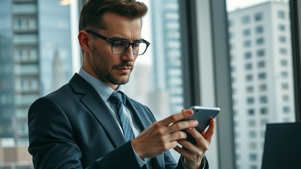 Ambitious entrepreneur checking digital analytics in a London Ontario office, representing the benefits of digital marketing and online marketing success.