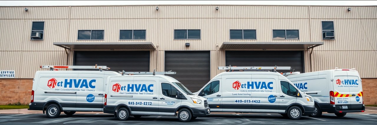 Air conditioning installation service vans at HVAC company warehouse exterior