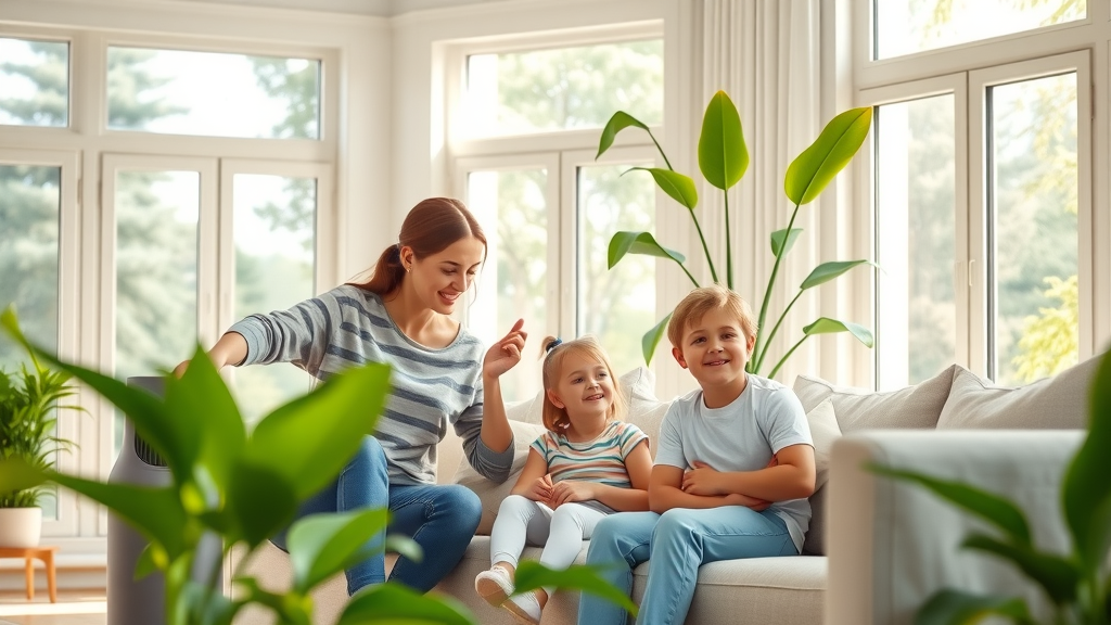 Happy family in sunlit living room enjoying clean indoor air quality