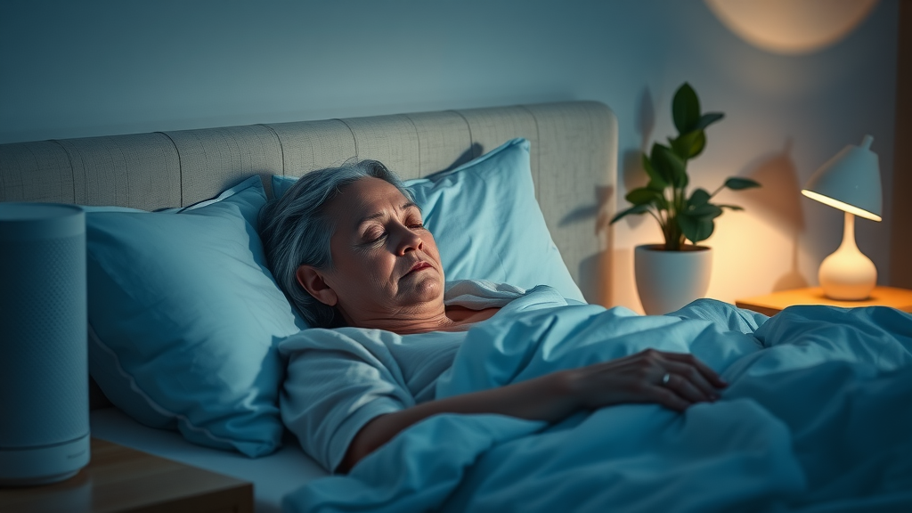 Woman sleeping peacefully in bedroom with good air quality and purifier