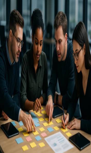 collaborative contentmanagement, engaged, organizing tasks, photorealistic, sleek workspace with large desks, highly detailed, sticky notes and tablets, 85mm, cool tones, shot with a telephoto lens.