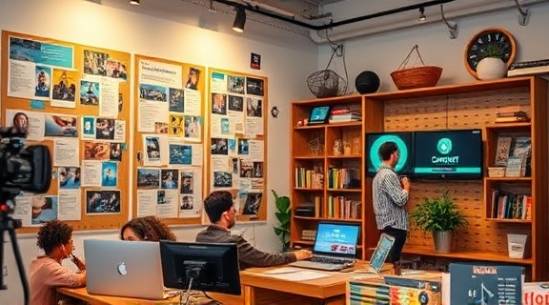 effective contentmarketing, persuasive, crafting messages, photorealistic, creative hub with mood boards and screens, highly detailed, interactive displays and media, 40mm, vibrant colors, shot with a zoom lens.