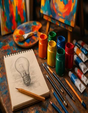 creative contentcreation, imaginative, designing graphics, photorealistic, art studio with vibrant paints and canvases, highly detailed, sketches and drawing tools, 50mm, bright lighting, shot with a macro lens.