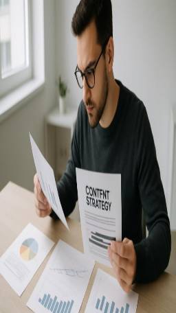 strategically-aligned contentstrategy, thoughtful, reviewing reports, photorealistic, minimalistic office space, highly detailed, charts and paperwork spread out, 24mm, soft natural light, shot with a prime lens.