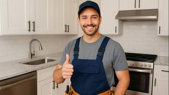 Smiling kitchen renovations contractor giving a thumbs up.
