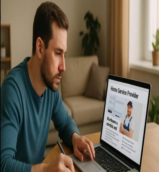 Homeowner reading online article about home service provider, taking notes.