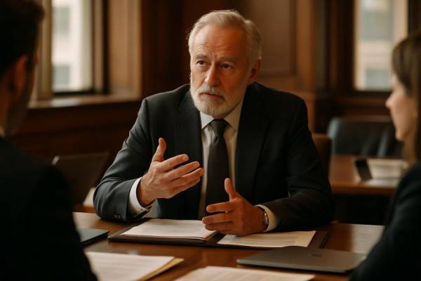 wise authorityleader, thoughtful expression, leading a discussion, photorealistic, inside a boardroom with a large oak table, highly detailed, folder papers and laptops scattered, f/4, warm tones, natural window light, shot with an 85mm lens.