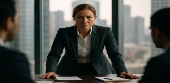 confident authorityleader, determined expression, attending a business meeting, photorealistic, in a high-rise office with city view, highly detailed, notepads and pens on the table, f/5.6, muted corporate colors, backlit by window, shot with a 135mm lens.