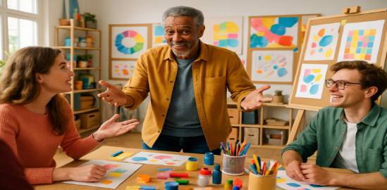 engaging authoritymentor, encouraging expression, guiding a workshop, photorealistic, in a creative studio with colorful supplies, highly detailed, interactive displays and art boards, 1/80s, bright and cheerful colors, soft front lighting, shot with a 28mm lens.