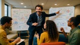 visionary authorityleader, inspired expression, in a brainstorming session, photorealistic, around a lounge area with whiteboards, highly detailed, markers and sketches visible, f/2, energetic hues, bright overhead lights, shot with a 35mm lens.
