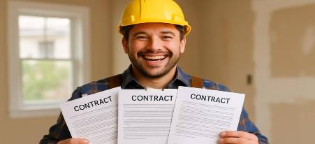 Happy home renovation specialist holding signed contracts for new jobs