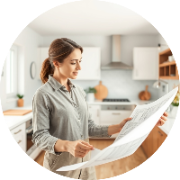 Female interior design expert sketching kitchen renovation plans.