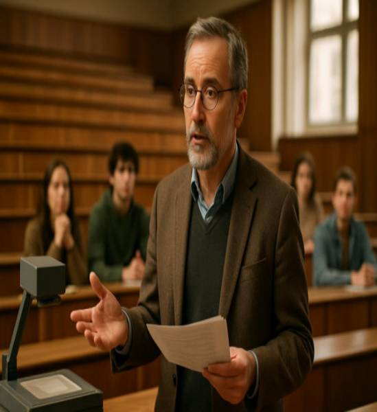 supportive authoritymentor, thoughtful expression, addressing students, photorealistic, in a university lecture hall with wooden seats, highly detailed, projector and notes in hands, ISO 400, warm and inviting shades, diffuse day lighting, shot with a 28-70mm lens.